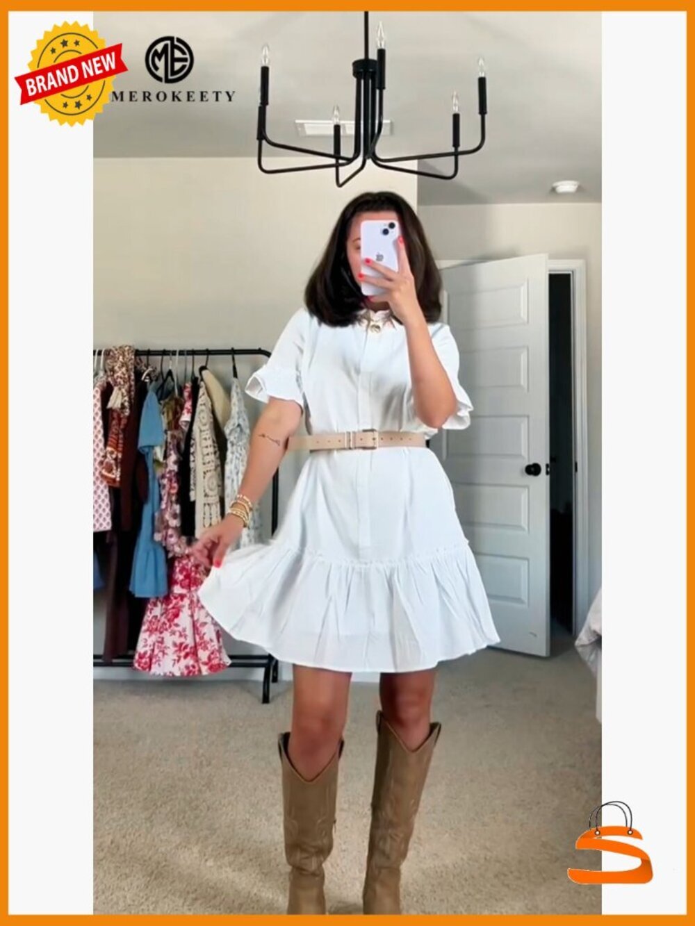 Button Down Ruffle Sleeve Shift Mini Dress with Pockets - Picture 6 of 7